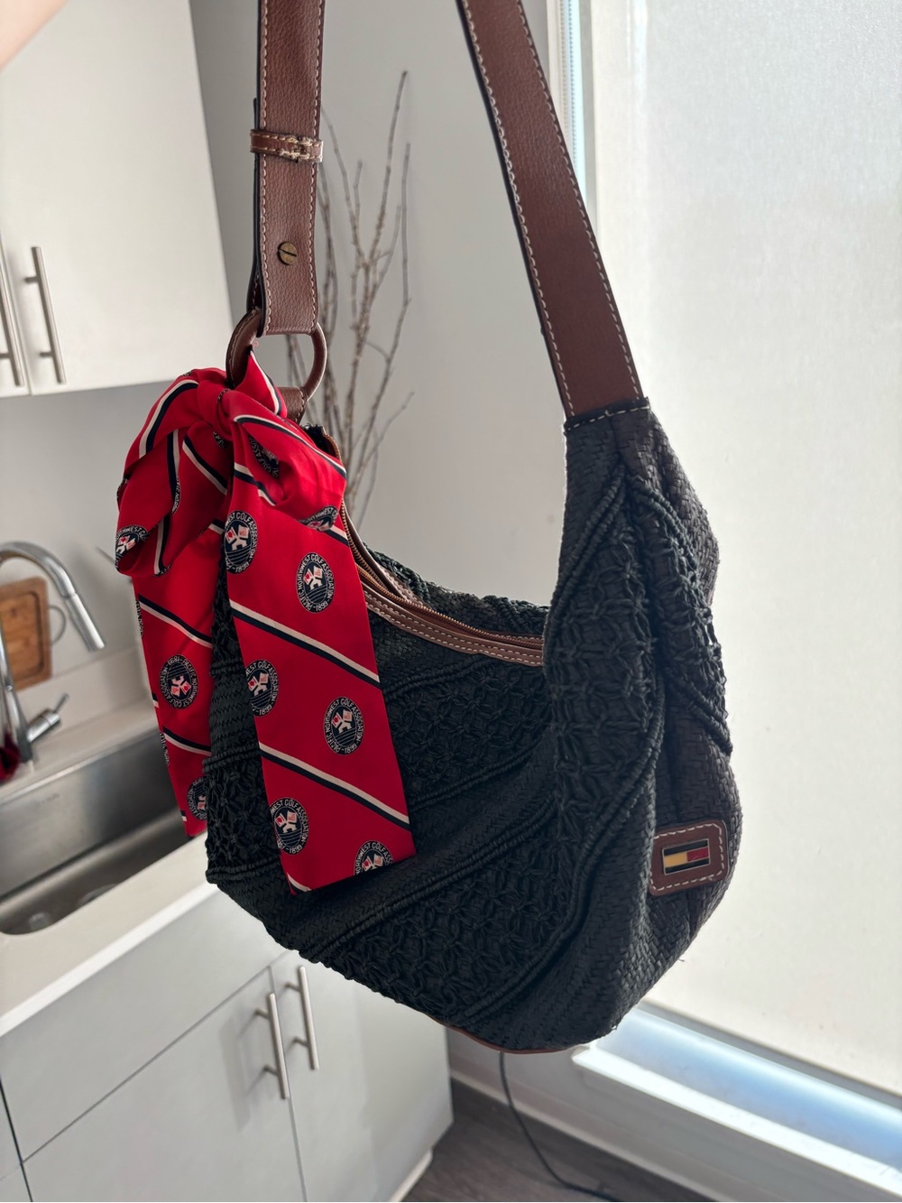 Vintage Tommy Hilfiger Black Woven Shoulder Bag with Red Scarf Accent